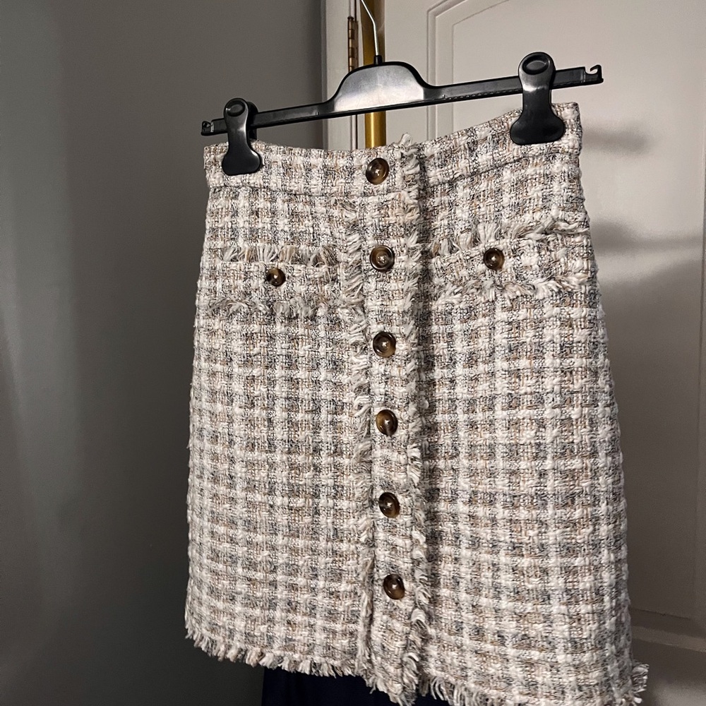 Ann Taylor Cream and Taupe Tweed Button-Front Mini Skirt